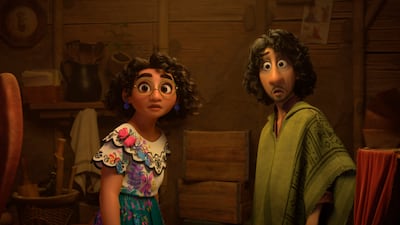 Mirabel, voiced by Stephanie Beatriz, and Bruno, voiced by John Leguizamo, in a scene from the animated film 'Encanto'. AP