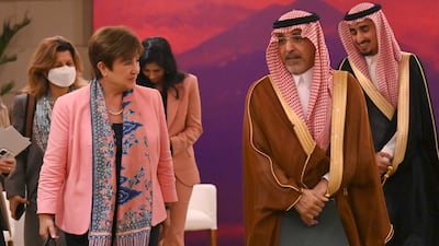Kristalina Georgieva, IMF managing director, with Saudi Arabia's Finance Minister Mohammed Al Jadaan, in Bali, Indonesia. AP
