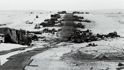 Destroyed Egyptian armour lines the sides of a Sinai road after it was hit by Israeli jet fighters during the 1967 war Reuters