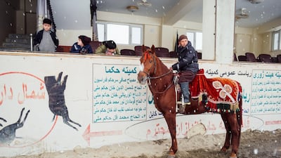 A boy rides his horse up to the spectators area before the start of the match.