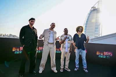 Will Smith and Martin Lawrence pose directors Adil El Arbi and Bilall Fallah, before the Bad Boys: Ride or Die premiere in Dubai. AFP