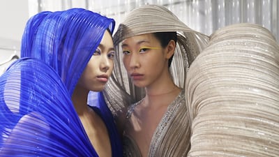 Models backstage at Gaurav Gupta's haute couture spring/summer 2023 show. Getty Images