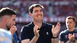 Andoni Iraola applauds the fans after his final game in charge at Bournemouth. AFP