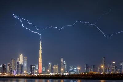 Lightning strikes the Burj Khalifa on January 10, 2020. Courtesy Zohaib Anjum