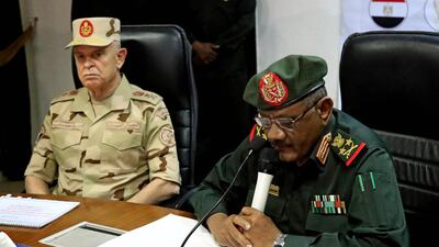 Sudanese military Chief of Staff Mohamed Othman al-Hussein speaks alongside his Egyptian counterpart Mohamed Farid during a meeting of the Egyptian-Sudanese military committee in Sudan's capital Khartoum. AFP