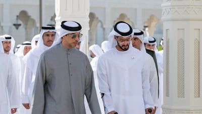 Sheikh Mansour bin Zayed, Vice President, Deputy Prime Minister and Chief of the Presidential Office, attends the flag-raising ceremony at Qasr Al Watan, in Abu Dhabi, to mark national Flag Day. Photo: WAM