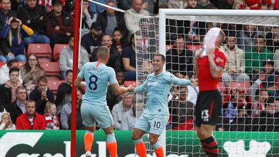 Chelsea's Eden Hazard, centre, has had plenty to celebrate this season already and he could be well doing so again on Saturday against Manchester United. Action Images via Reuters