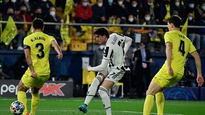 Dusan Vlahovic scores for Juventus against Villarreal in the Champons League last-16 first leg draw at Estadio de la Ceramica on February 22, 2022. AFP