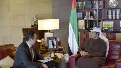 Sheikh Mansour bin Zayed, Deputy Prime Minister and Minister of Presidential Affairs, meets Kanat Alpysbayev, head of Kazakhstan Temir Zholy, the country’s railway company, at the Presidential Palace on Tuesday. Wam