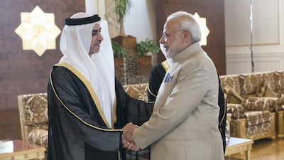 ABU DHABI, UNITED ARAB EMIRATES - February 10, 2018: HH Lt General Sheikh Saif bin Zayed Al Nahyan, UAE Deputy Prime Minister and Minister of Interior (L), receives HE Narendra Modi Prime Minister of India (R), at the Presidential Airport. ( Rashed Al Mansoori / Crown Prince Court - Abu Dhabi ) ---