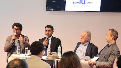 The Translating from German Language into Arabic seminar. L to R Mustafa Al Sulaiman, Emirati academic Saeed Hamdan Al Tunaiji and German author Klaus Reichert