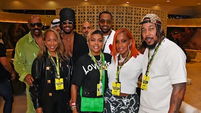 (L to R) Steve Harvey, Marjorie Harvey, Wynton Harvey, Taraji P. Henson, guest, Mary J. Blige and guest attend the Formula 1 Etihad Airways Abu Dhabi Grand Prix at Yas Marina Circuit. Getty Images