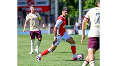 Former Dubai-schoolboy Mackenzie Hunt in action in a pre-season friendly for his new club, Fleetwood Town, against Hearts. Photo: Fleetwood Town/Adam Gee Pics