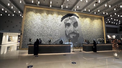 Spanning 15 metres, this large-scale portrait of the late Sheikh Zayed is the work of design studio Giles Miller in London. The work was unveiled at the newly opened Double Tree by Hilton Dubai M Square Hotel. Chris Whiteoak / The National
