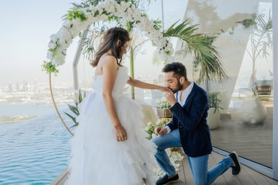 Yash Patel and Kinna Abhani planned their engagement at Aura Skypool Dubai together. Photo: Proposal Boutique
