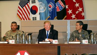 US president Donald Trump speaks during his visit to the situation room of the Eighth US Army's headquarters at Camp Humphreys in Pyeongtaek, South Korea. Yonhap / EPA