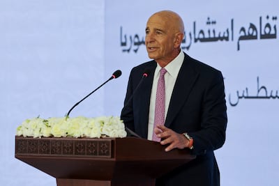 US special envoy for Syria Tom Barrack attends the signing ceremony for investment projects in Syria, in Damascus on Wednesday. Reuters