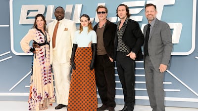 From left: Kelly McCormick, Brian Tyree Henry, Joey King, Brad Pitt, Aaron Taylor-Johnson and David Leitch at the screening of 'Bullet Train' in London. Getty