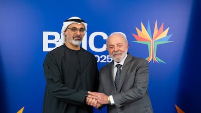 Brazilian President Luiz Inacio Lula da Silva greets Sheikh Khaled ahead of the summit in Rio de Janeiro. UAE Presidential Court