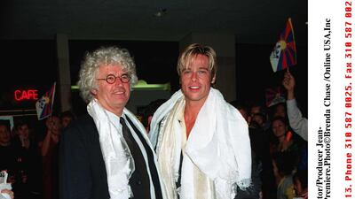 Brad Pitt, in a tux and Tibetan shawl, at the 'Seven Years in Tibet' premiere in Hollywood, California, on June 10, 1997. Getty Images