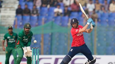 England opener Phil Salt plays a shot during his knock of 38 from 35 balls. AP
