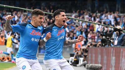 Napoli's Mathias Olivera, right, celebrates with teammate Giovanni Di Lorenzo after scoring against Salernitana in their Serie A draw on April 30, 2023. AFP