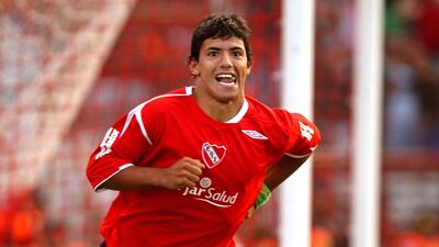 Sergio Aguero after scoring for Independiente reacts against River Plate in March, 2006. AP