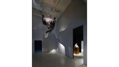 Rebecca Horn's grand piano Concert for Anarchy display in The Surreal House installation at the Barbican Art Gallery.