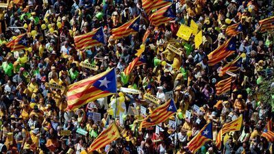 Thousands of people marched in Barcelona on Sunday to protest the jailing of nine Catalan separatist leaders facing trial on rebellion charges. AFP/Josep LAGO