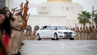 The motorcade at Qasr Al Watan was escorted by horsemen and camel riders, as well as Emirati folk art groups. Omar Askar / UAE Presidential Court