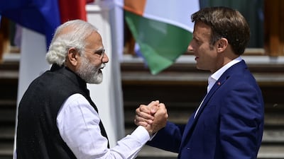 India's Prime Minister Narendra Modi and France's President Emmanuel Macron at the G7 meeting in southern Germany in 2022. AFP