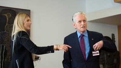 Beatrice Fihn, left, executive director of ICAN, with Actor and UN Messenger of Peace Michael Douglas, right, attend a meeting about the Nuclear Disarmament, at the European headquarters of the United Nations, in Geneva, Switzerland in 2016. ICAN has won the 2017 Nobel Peace Prize and has many celebrity support in its ranks. Martial Trezzini / Keystone via AP