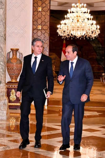 Egyptian president Abdel Fattah El Sisi (R) walking alongside US Secretary of State Antony Blinken during a meting in Cairo at the Ittihadia presidential Palace, on January 11, 2024. AFP