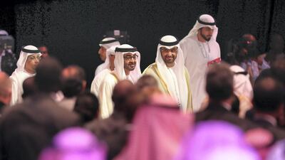 Sheikh Mohammed bin Zayed arrives at the Zayed Future Energy Prize awards ceremony as part of Abu Dhabi Sustainability Week. Chris Whiteoak / The National