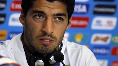 Uruguay's Luis Suarez attends a news conference before a training session at the Dunas Arena in Natal in this June 23, 2014. Carlos Barria / Reuters
