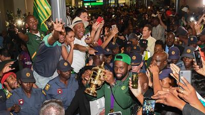 Captain of the South Africa Rugby World Cup winning team, Siya Kolisi, is greeted by thousands of supporters at O.R.Tambo International Airport on Thursday, November 7. EPA