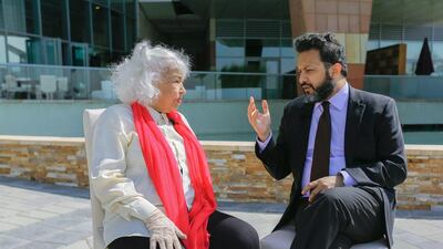 Nawal El Saadawi, Eqypt's leading feminist and the author of "Woman at Point Zero", is interviewed by Faisal Al Yafai outside the Emirates Airline Festival of Literature in Dubai. (Photo: Victor Besa for The National.)