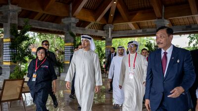 Sheikh Mohamed tours the park with Mr Nurbaya, Sheikh Mansour bin Zayed, UAE Deputy Prime Minister and Minister of the Presidential Court and Luhut Binsar Pandjaitan, Co-ordinating Minister of Maritime and Investment Affairs of Indonesia