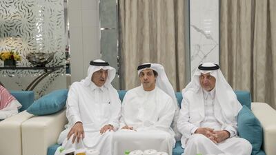 Prince Khaled bin Fahad bin Khaled Al Saud, Sheikh Mansour bin Zayed Al Nahyan, UAE Deputy Prime Minister and Minister of Presidential Affairs and Prince Khalid bin Faisal bin Abdulaziz Al Saud, Governor of Makkah Region of Saudi Arabia, attend a reception hosted by King Salman Bin Abdulaziz Al Saud. Mohamed Al Hammadi / Crown Prince Court - Abu Dhabi