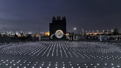 1ABU DHABI, UNITED ARAB EMIRATES - JANUARY 9, 2019. A 20mx20m light installation, comprised of 2,000 solar lanterns, arranged to reveal the Zayed Sustainability Prize logo. Following a month-long, five-country, transcontinental journey, the Zayed Sustainability Prizes Guiding Light campaign arrived to Abu Dhabi today. (Photo by Reem Mohammed/The National) Reporter: Section: NA