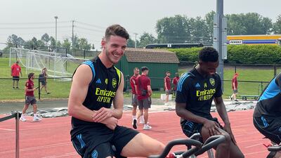 Arsenal's new £100m signing Declan Rice, left, with Eddie Nketiah during a training session in Virginia on their pre-season tour of the US. PA