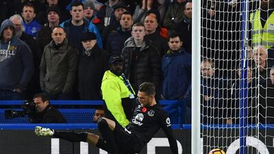 Everton goalkeeper Maarten Stekelenburg cannot stop the shot from Chelsea’s Marcos Alonso (not pictured). Ben Stansall / AFP