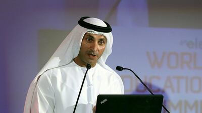 Dr Abdulla Al Karam, Knowledge and Human Development Authority chairman of the board and director general, speaks at the World Education Summit in Dubai on Sunday. Satish Kumar / The National