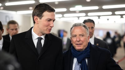 American businessman Jared Kushner, left, and Steve Witkoff, the US Special Envoy to the Middle East, walk the corridors. EPA