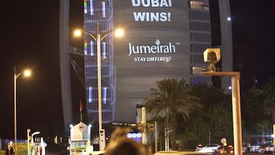 The Burj Al Arab hotel wastes no time in offering its congratulations to Dubai on the winning Expo bid last night. Antonie Robertson / The National