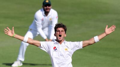 Shaheen Afridi celebrates his first Test wicket after dismissing New Zealand's Tom Latham lbw.