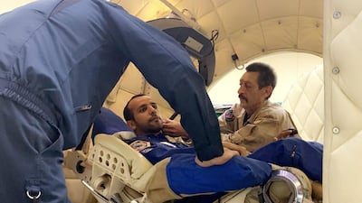 Hazza Al Mansoori is strapped into a centrifuge that will spin in circles to test his endurance. Hazza Al Mansoori / Twitter