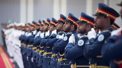 ABU DHABI, UNITED ARAB EMIRATES - February 10, 2018: The UAE Honour guard participate in a reception for HE Narendra Modi Prime Minister of India (not shown) at the Presidential Airport. ( Hamad Al Mansoori for The Crown Prince Court - Abu Dhabi ) ---