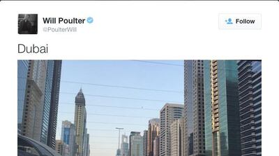 A screenshot of actor Will Poulter’s tweet showing a photo of Sheikh Zayed Road in Dubai.