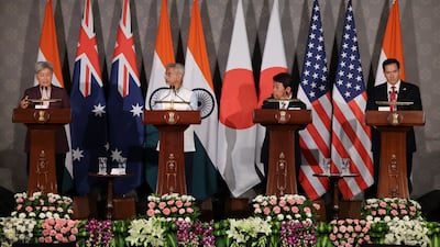 Australian Foreign Minister Penny Wong, Japanese Foreign Minister Toshimitsu Motegi, Indian External Affairs Minister Subrahmanyam Jaishankar and US Secretary of State Marco Rubio after meeting in New Delhi on May 26. Reuters